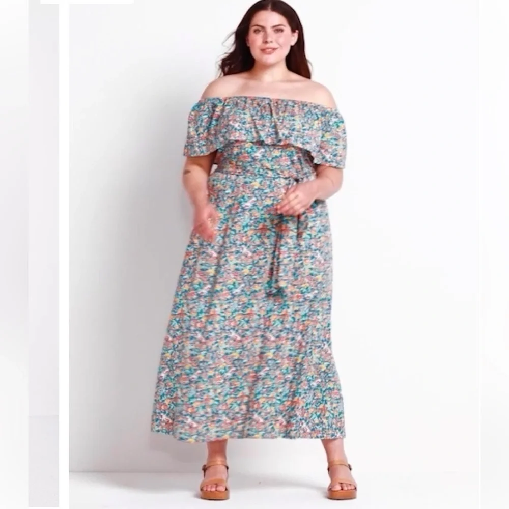 New Lane Bryant Convertible Off the Shoulder Maxi Dress Floral Blue Orange 18-20 - Picture 6 of 14